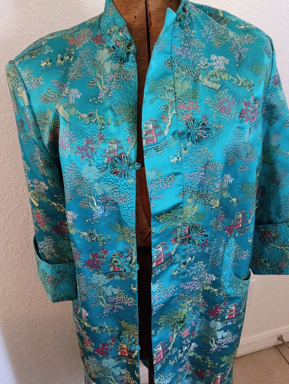 Vintage Turquoise Asian-Style Satin Long Jacket